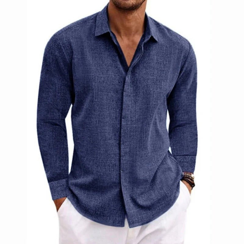 Men's Long Sleeve Linen-Cotton Button-Up Shirt - Navy Blue