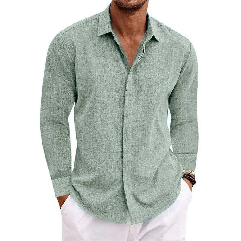 Men's Long Sleeve Linen-Cotton Button-Up Shirt - Green