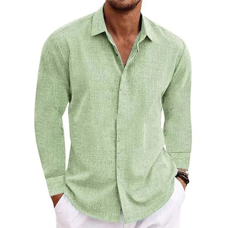 Men's Long Sleeve Linen-Cotton Button-Up Shirt - Light Green