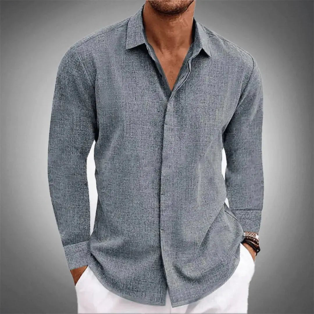 Men's Long Sleeve Linen-Cotton Button-Up Shirt - Grey