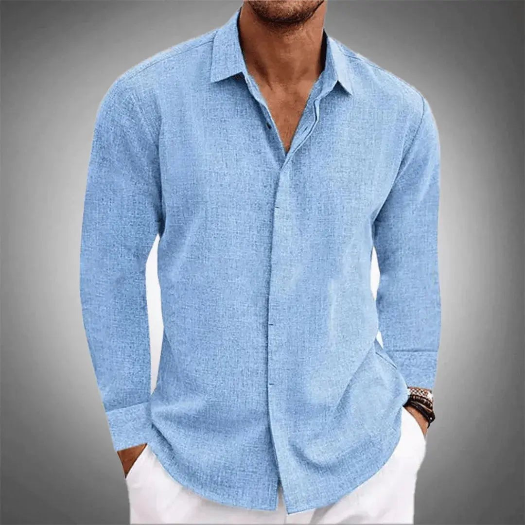 Men's Long Sleeve Linen-Cotton Button-Up Shirt - Light Blue
