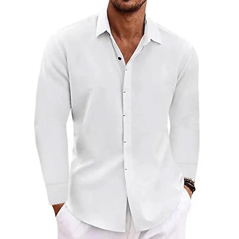 Men's Long Sleeve Linen-Cotton Button-Up Shirt - White