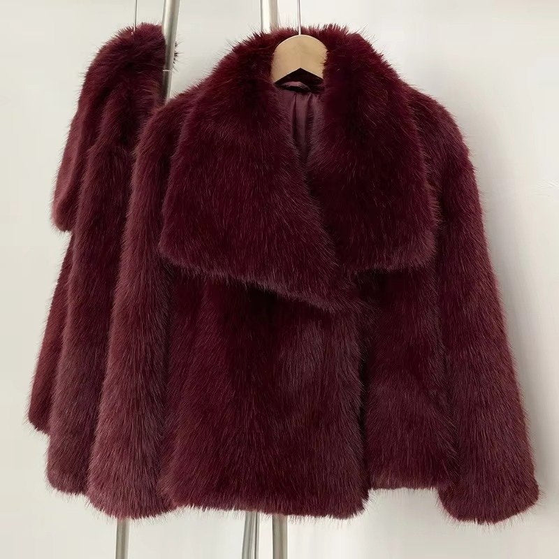 Women's Cropped Faux Fur Jacket - Claret