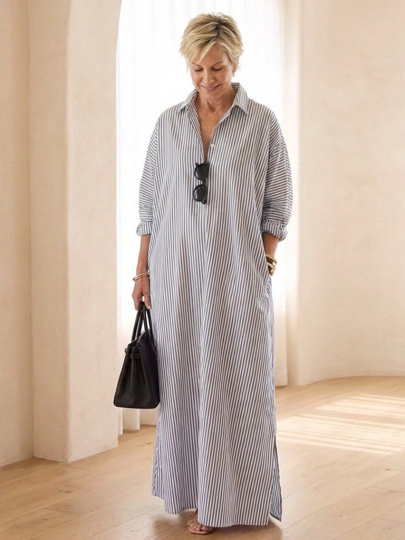 Women's Long Sleeve Striped Maxi Shirt Dress - Grey