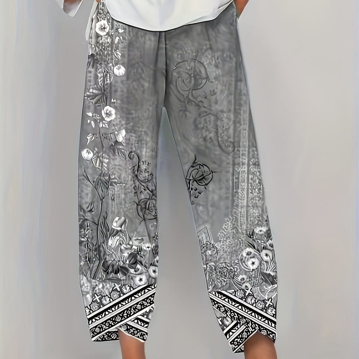 Women's Floral Wide-Leg Trousers - Black Retro