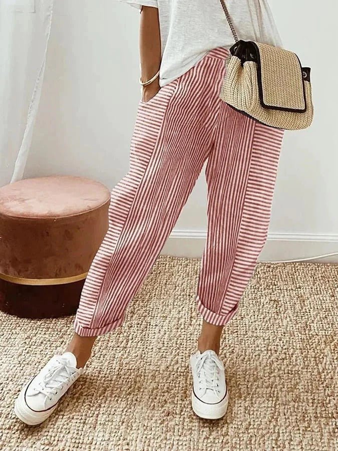 Women's Striped Cropped Trousers - Pink
