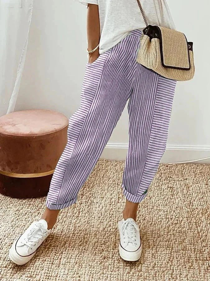 Women's Striped Cropped Trousers - Purple