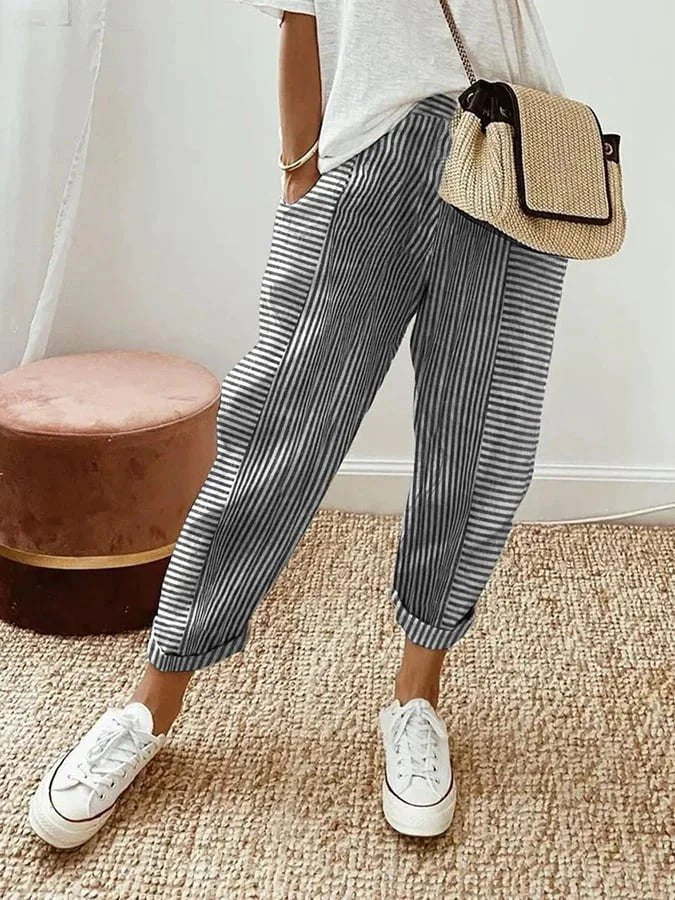 Women's Striped Cropped Trousers - Grey