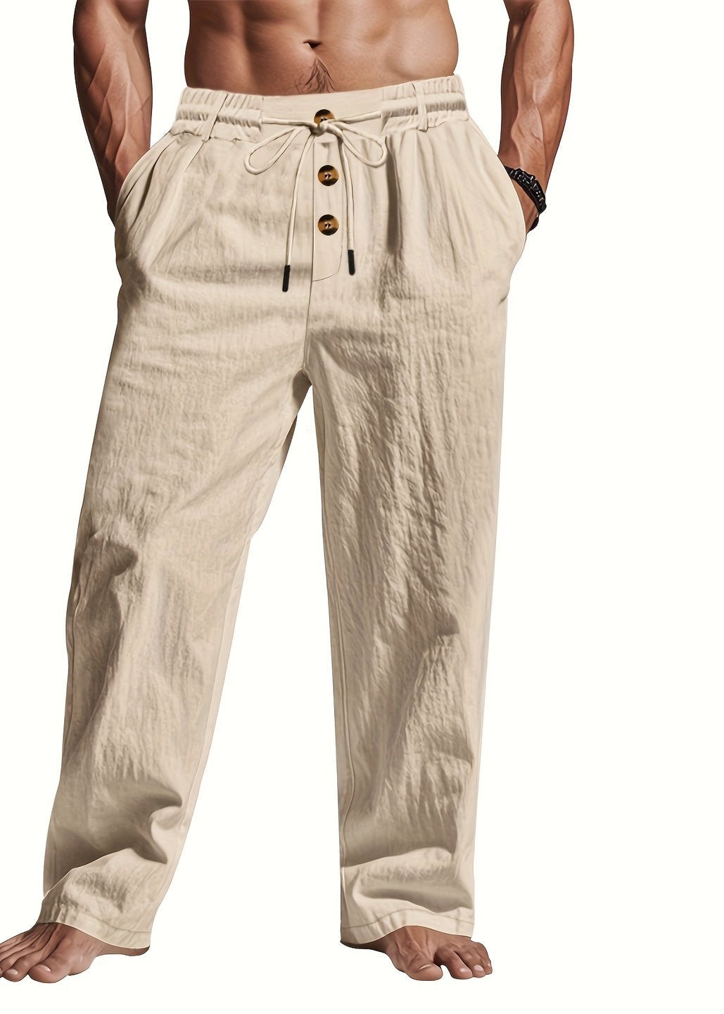 Men's Wide-Leg Drawstring Trousers - Beige