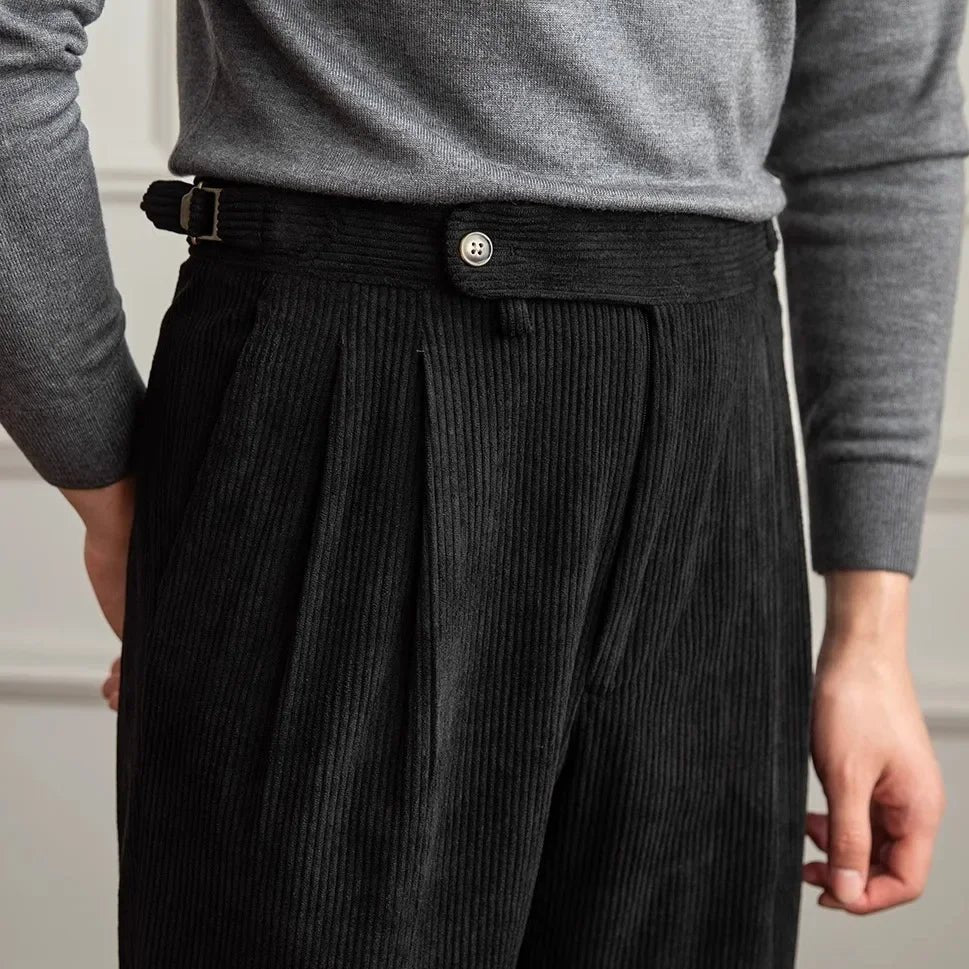 Men's High-Waisted Pleated Corduroy Trousers - Black