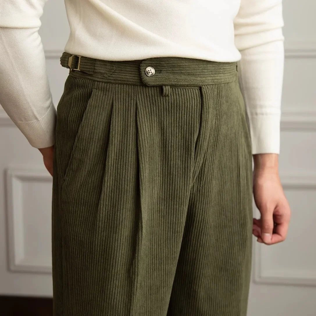 Men's High-Waisted Pleated Corduroy Trousers - Pine