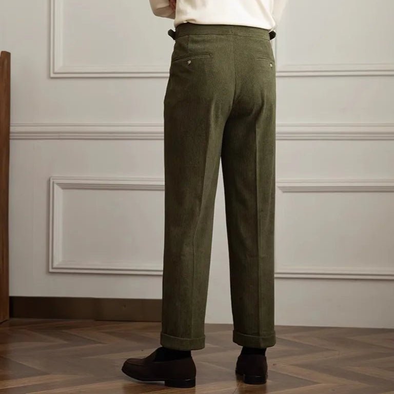 Men's High-Waisted Pleated Corduroy Trousers