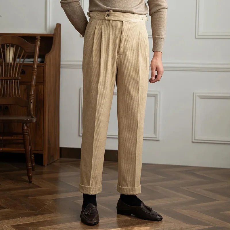 Men's High-Waisted Pleated Corduroy Trousers