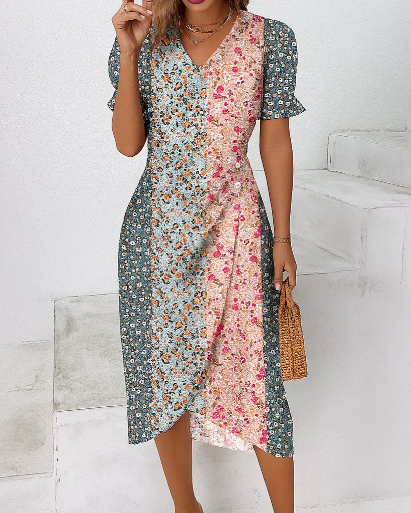 Women's Black Floral Midi V-Neck Wrap Dress - Pink + Blue