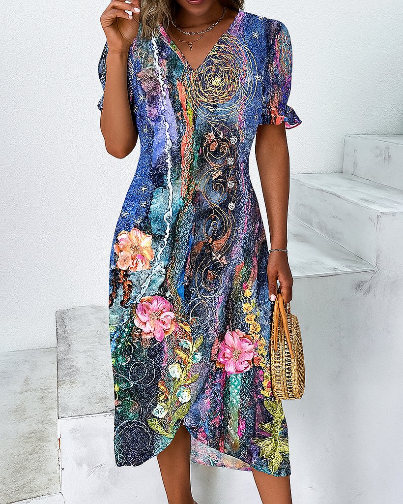 Women's Black Floral Midi V-Neck Wrap Dress - Purple