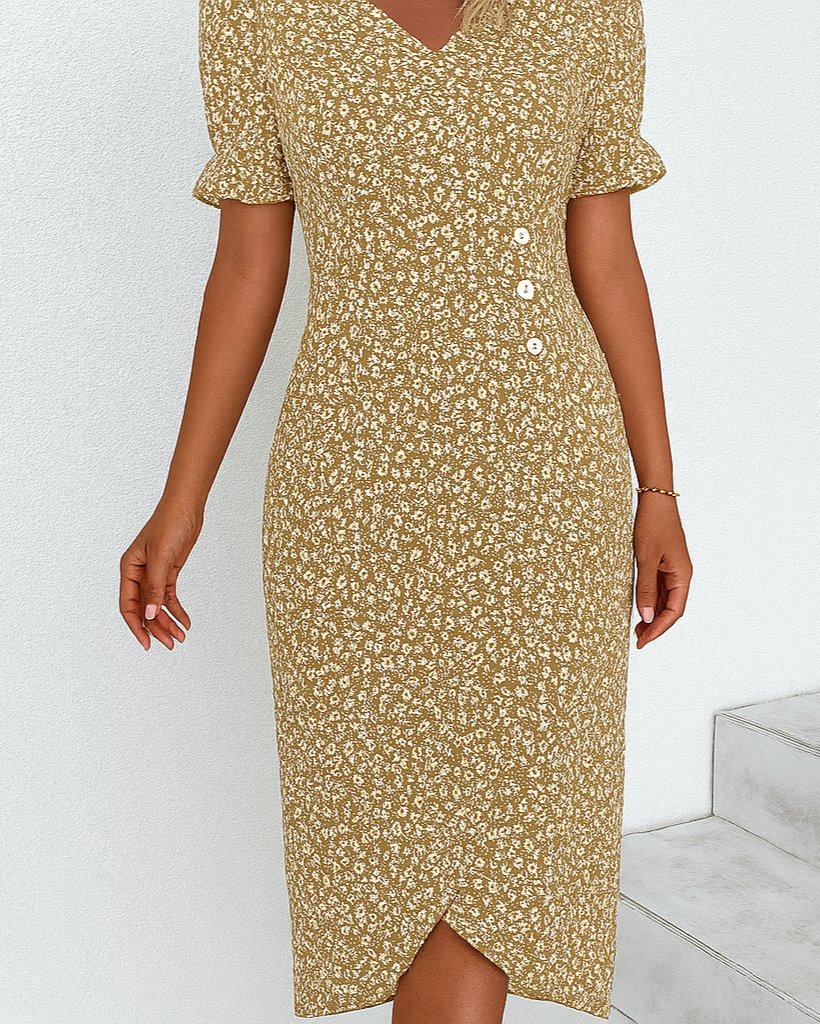 Women's Black Floral Midi V-Neck Wrap Dress - Khaki