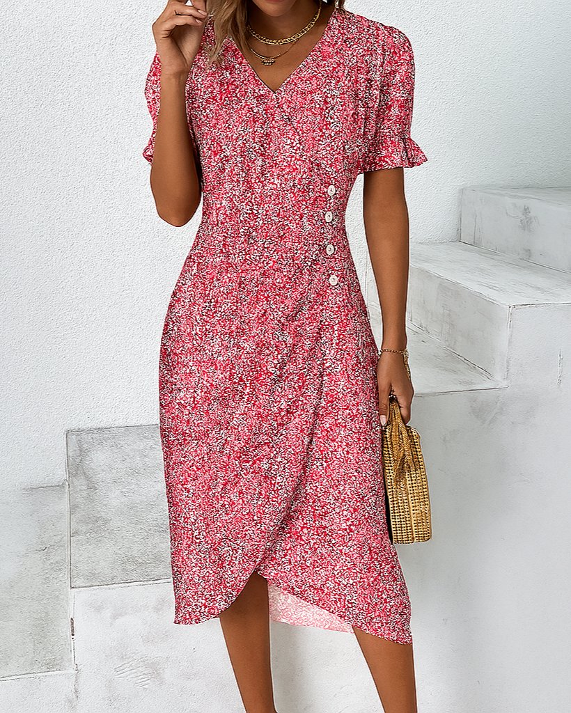 Women's Black Floral Midi V-Neck Wrap Dress - Red