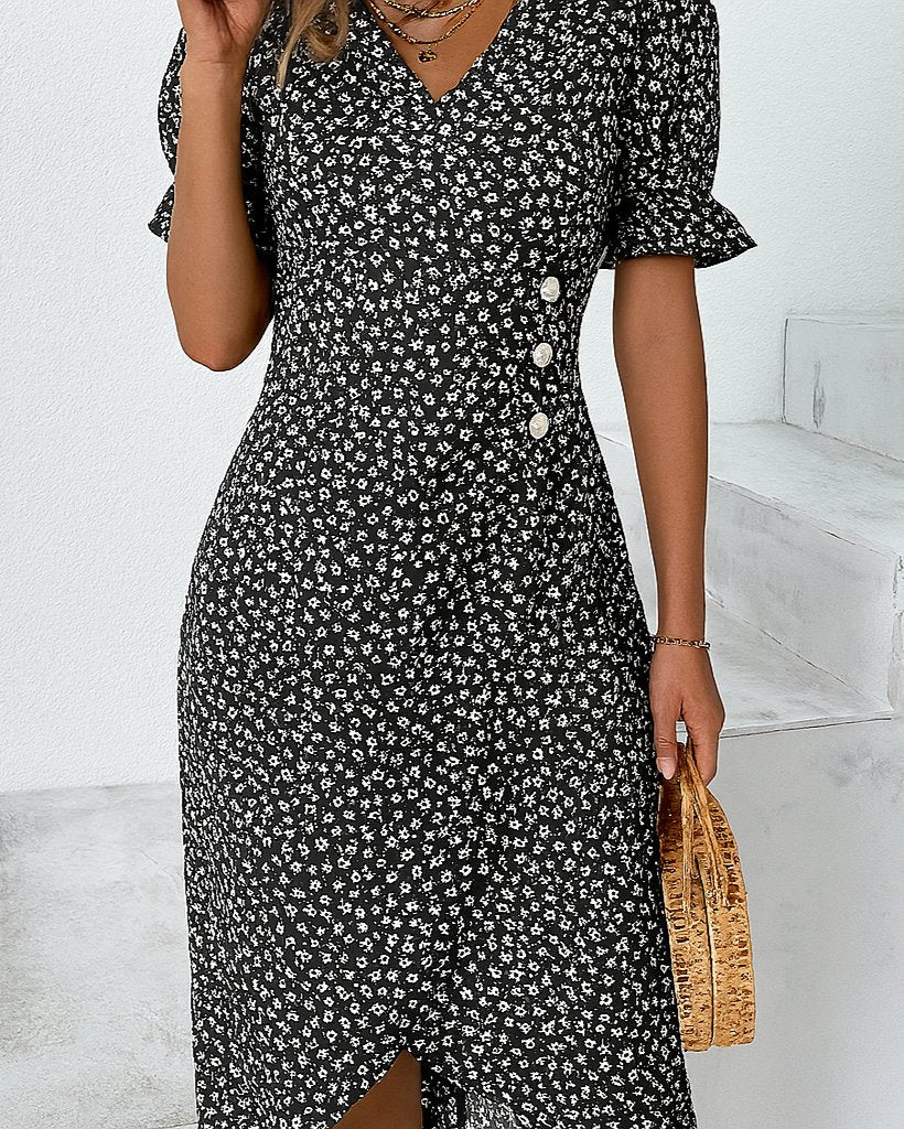 Women's Black Floral Midi V-Neck Wrap Dress - Black