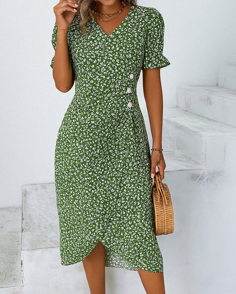 Women's Black Floral Midi V-Neck Wrap Dress - Green