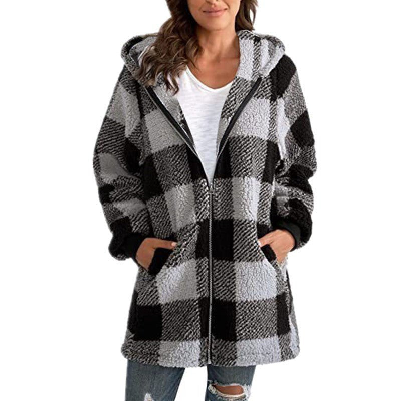 Women's Plaid Oversized Fleece Jacket - Gray