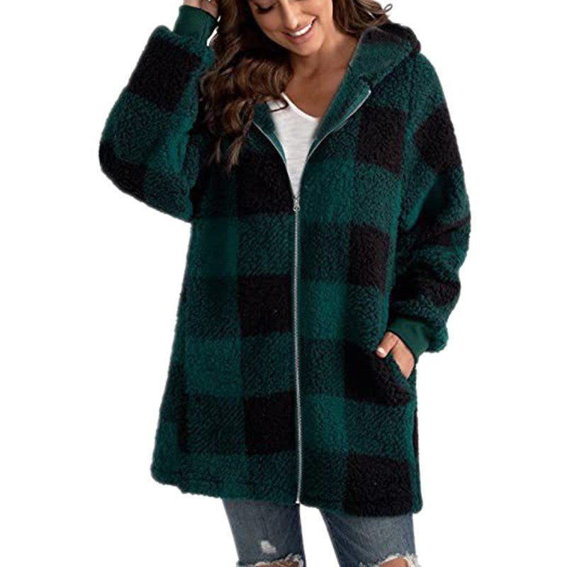 Women's Plaid Oversized Fleece Jacket - Green