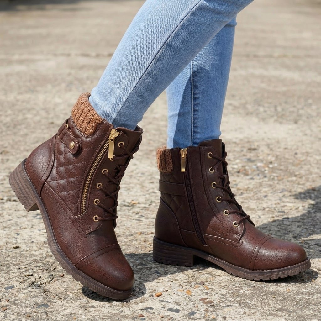 Women's Quilted Faux Leather Ankle Boots - Dark Brown