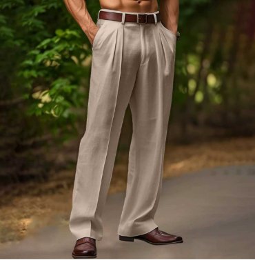 Men's Pleated Wide-Leg Trousers - Khaki