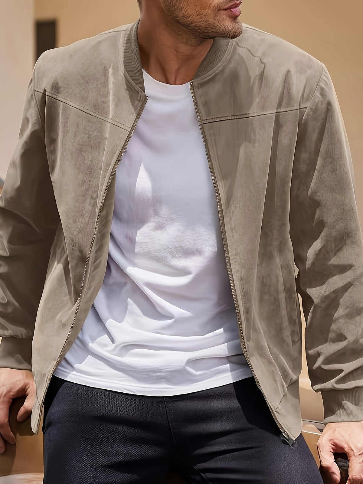 Men's Suede Bomber Jacket - Khaki