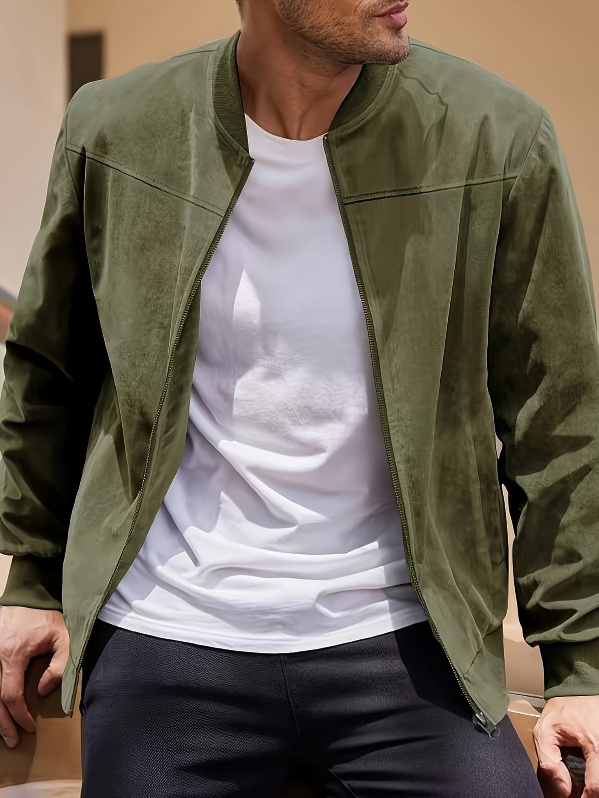 Men's Suede Bomber Jacket - Olive Drab