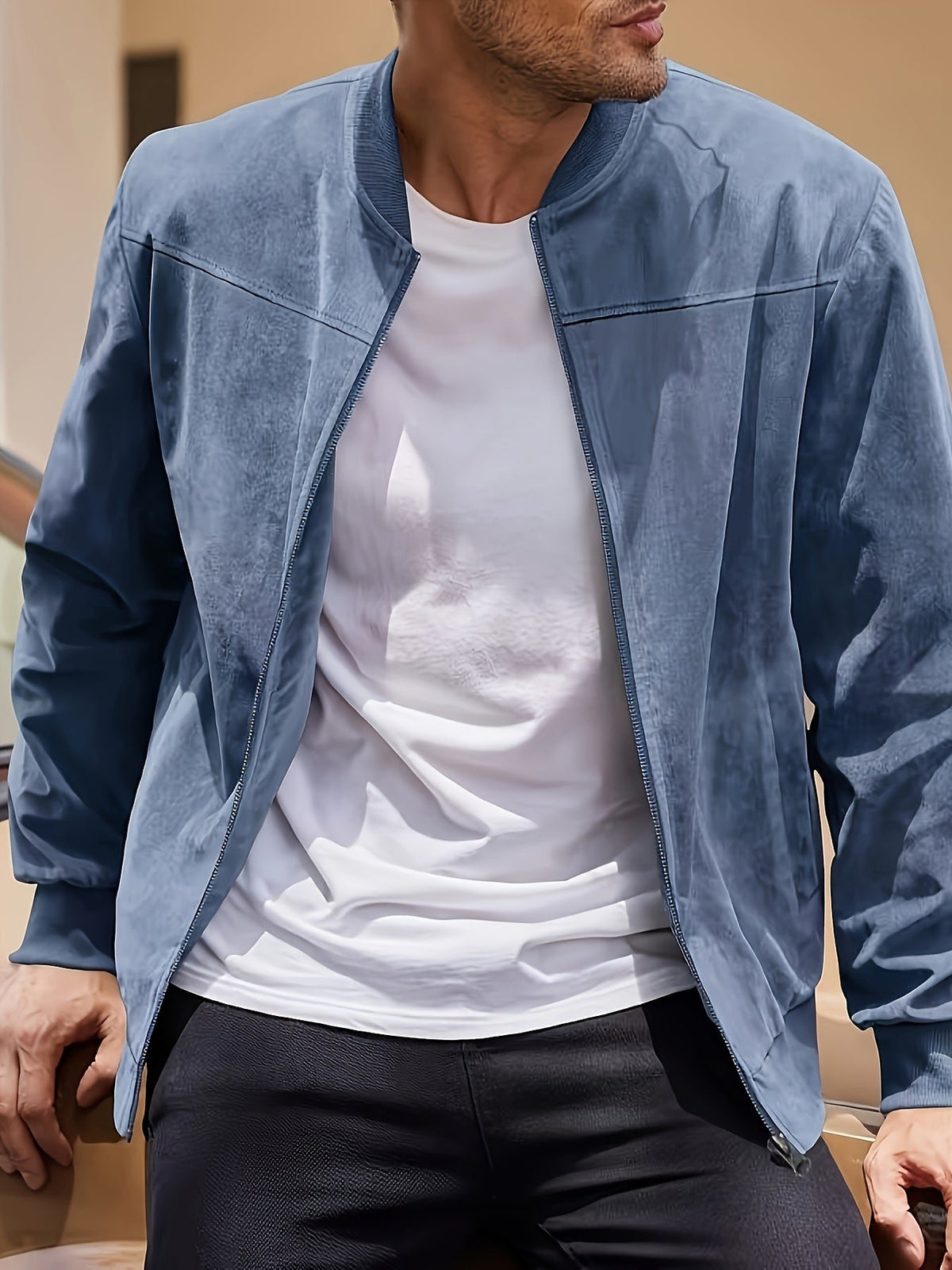 Men's Suede Bomber Jacket - Bright Steel Blue