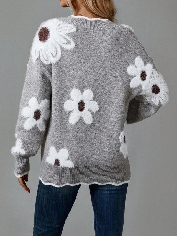 Women's Floral V-Neck Wool Jumper