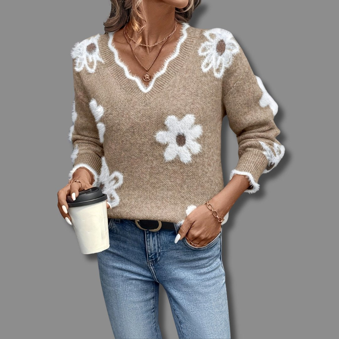 Women's Floral V-Neck Wool Jumper - Khaki