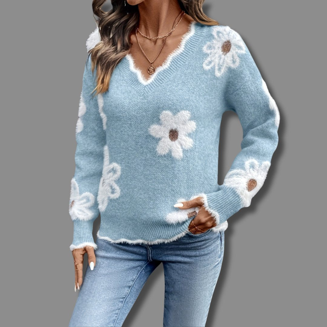 Women's Floral V-Neck Wool Jumper - Light Blue