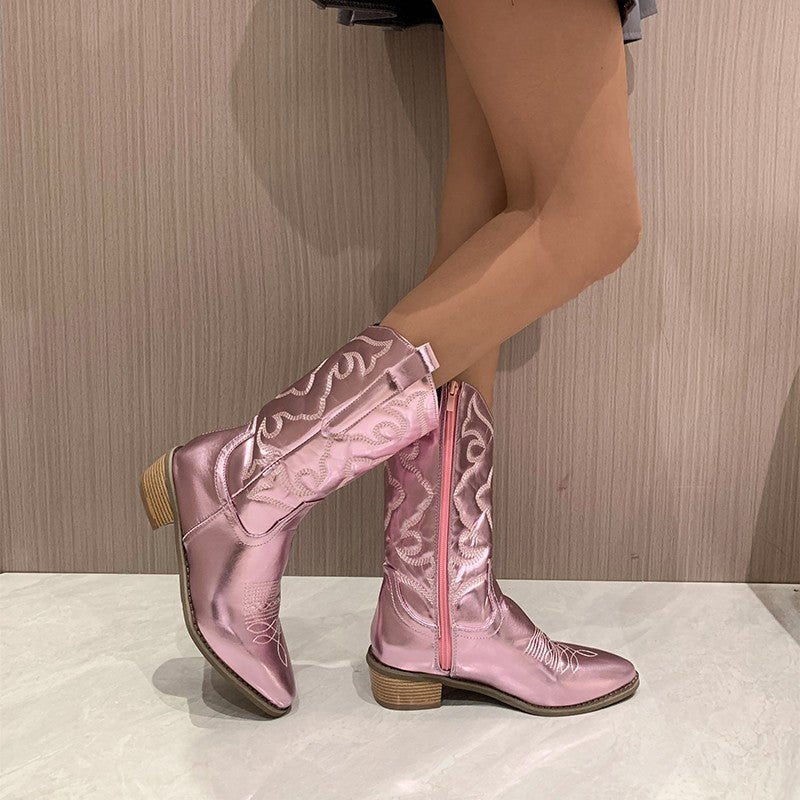 Women's Knee-High Faux Leather Cowboy Boots - pink