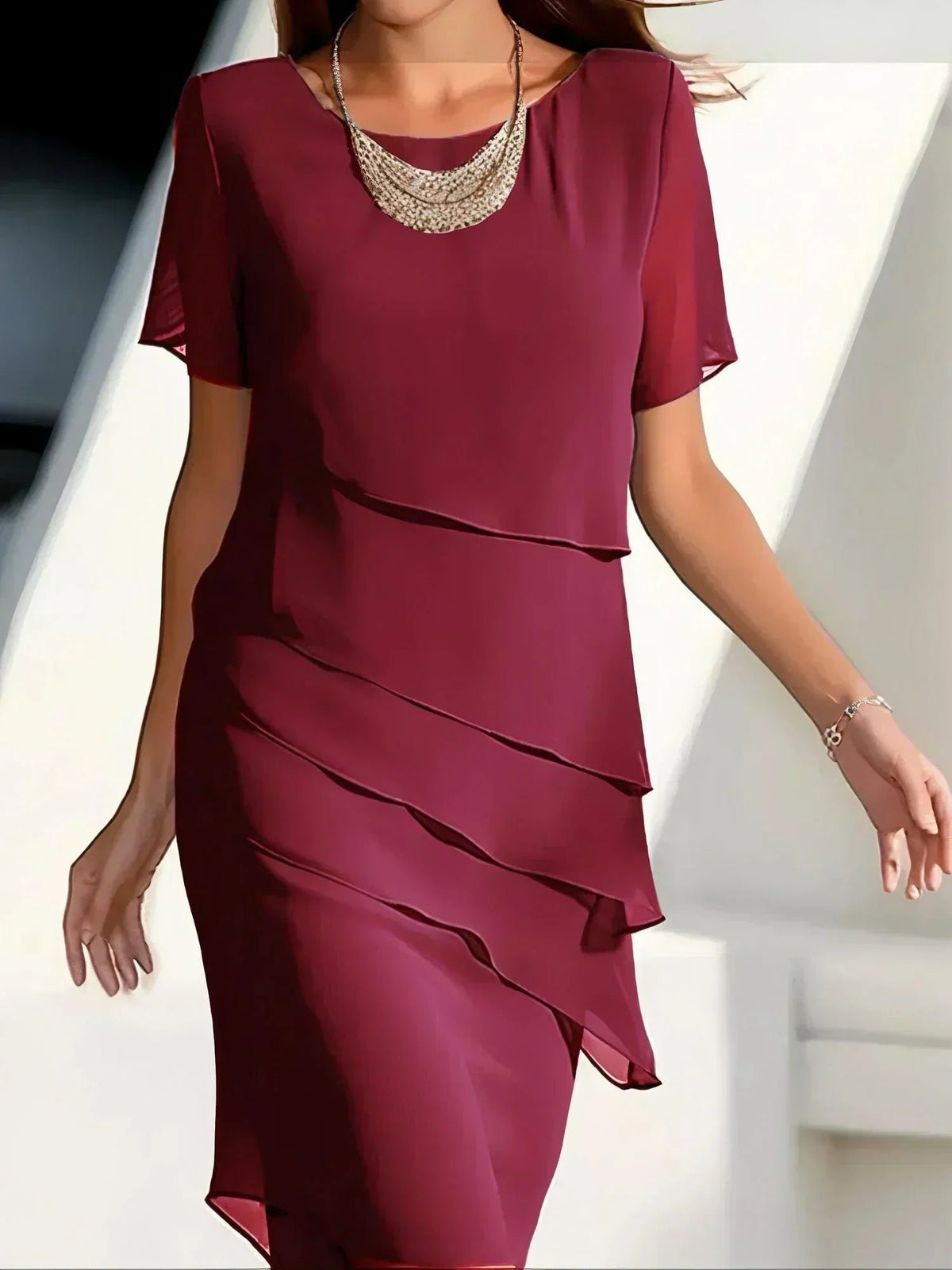 Women's Cocktail Chiffon Midi Dress - Red
