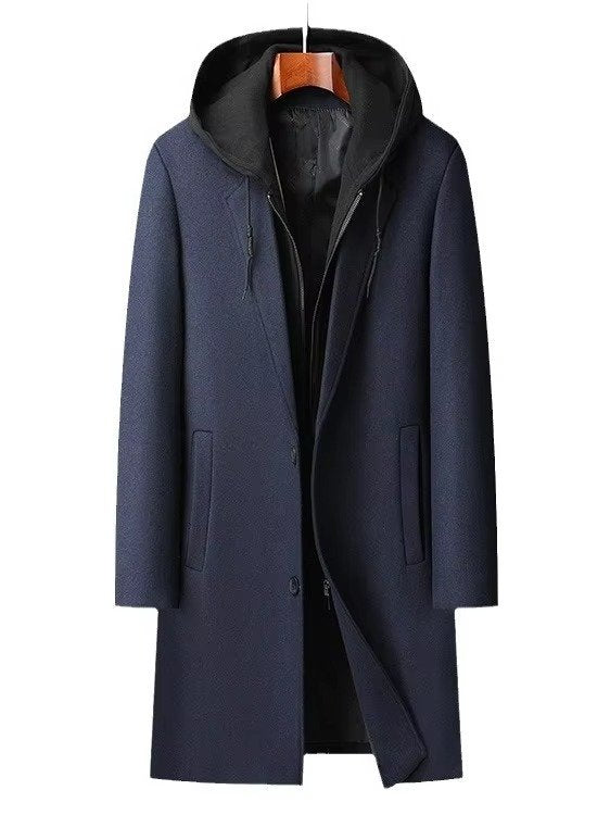 Men's Wool Hooded Coat - Navy Blue