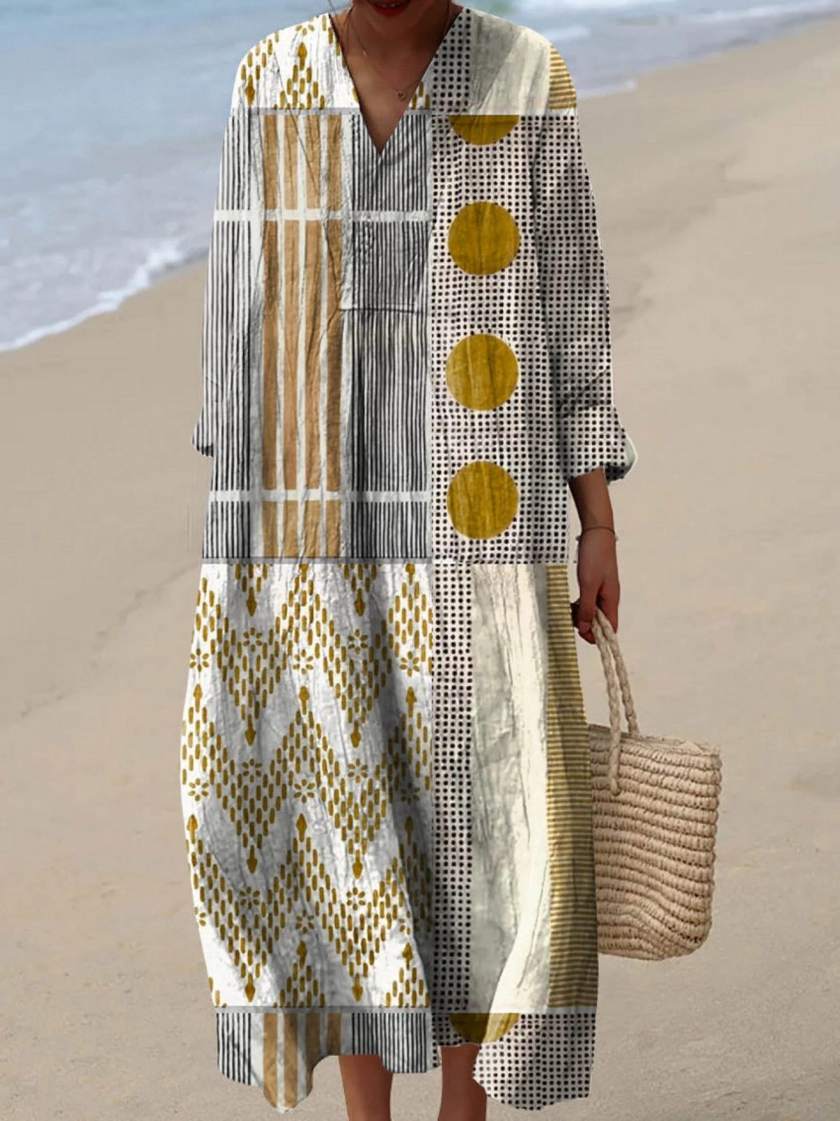 Women's Long Sleeve Patchwork Maxi Shirt Dress - Multicolour