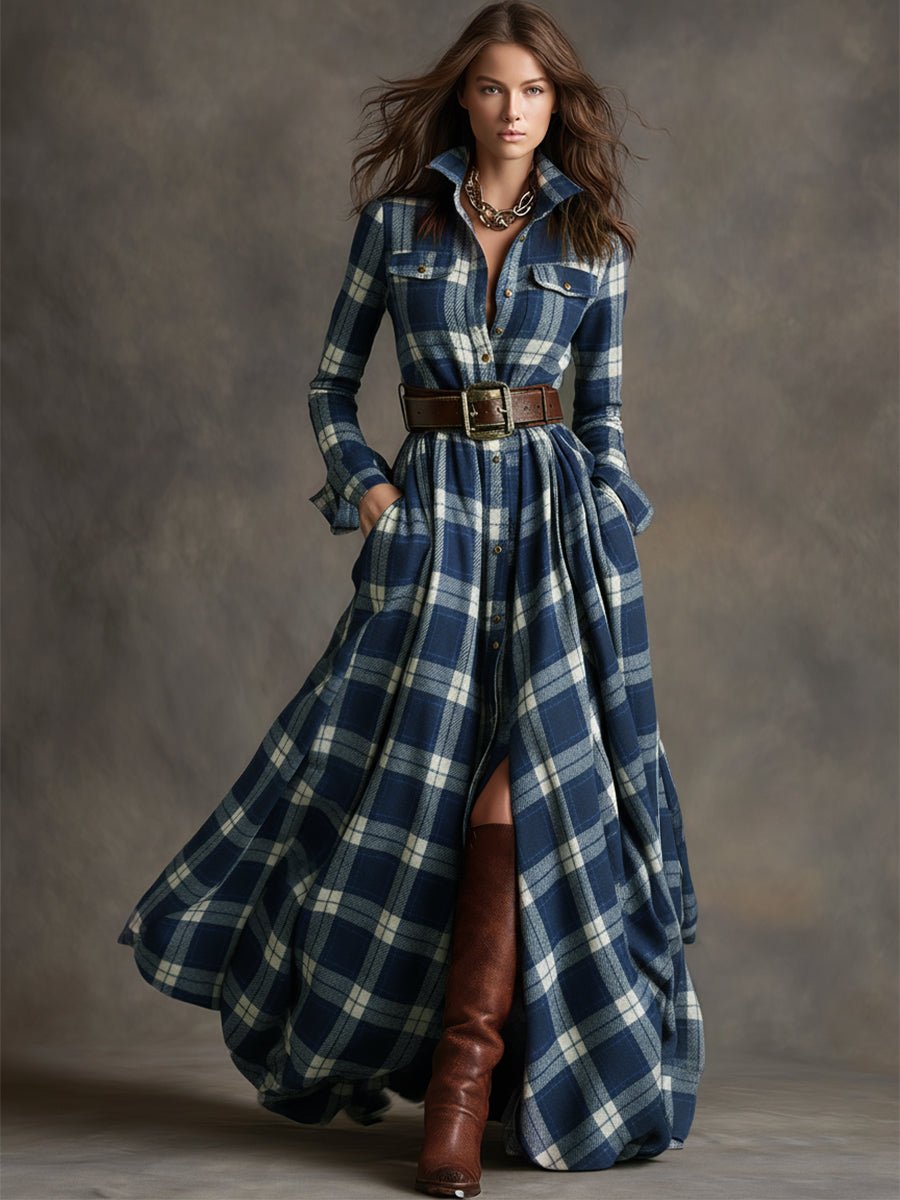 Women's Long Sleeve Plaid Maxi Shirt Dress