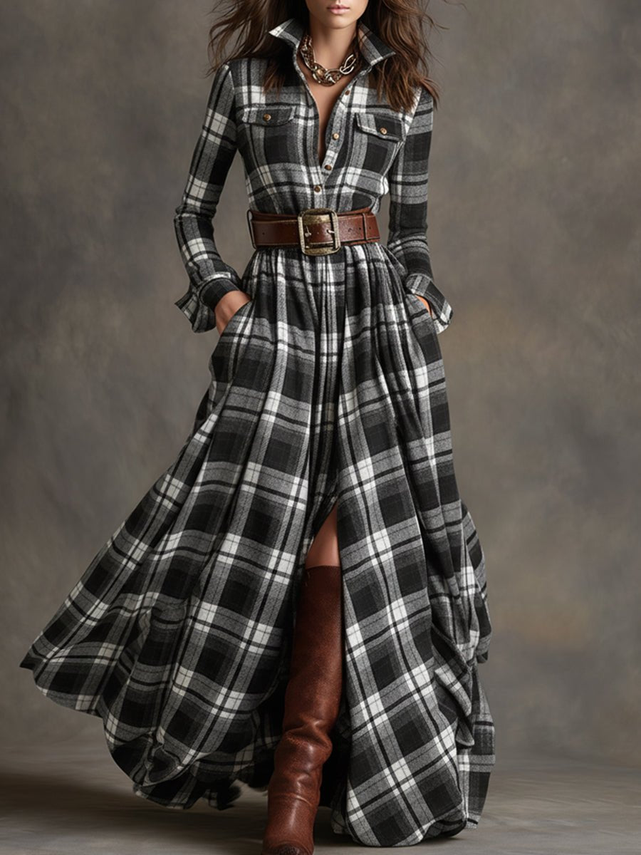 Women's Long Sleeve Plaid Maxi Shirt Dress - Black