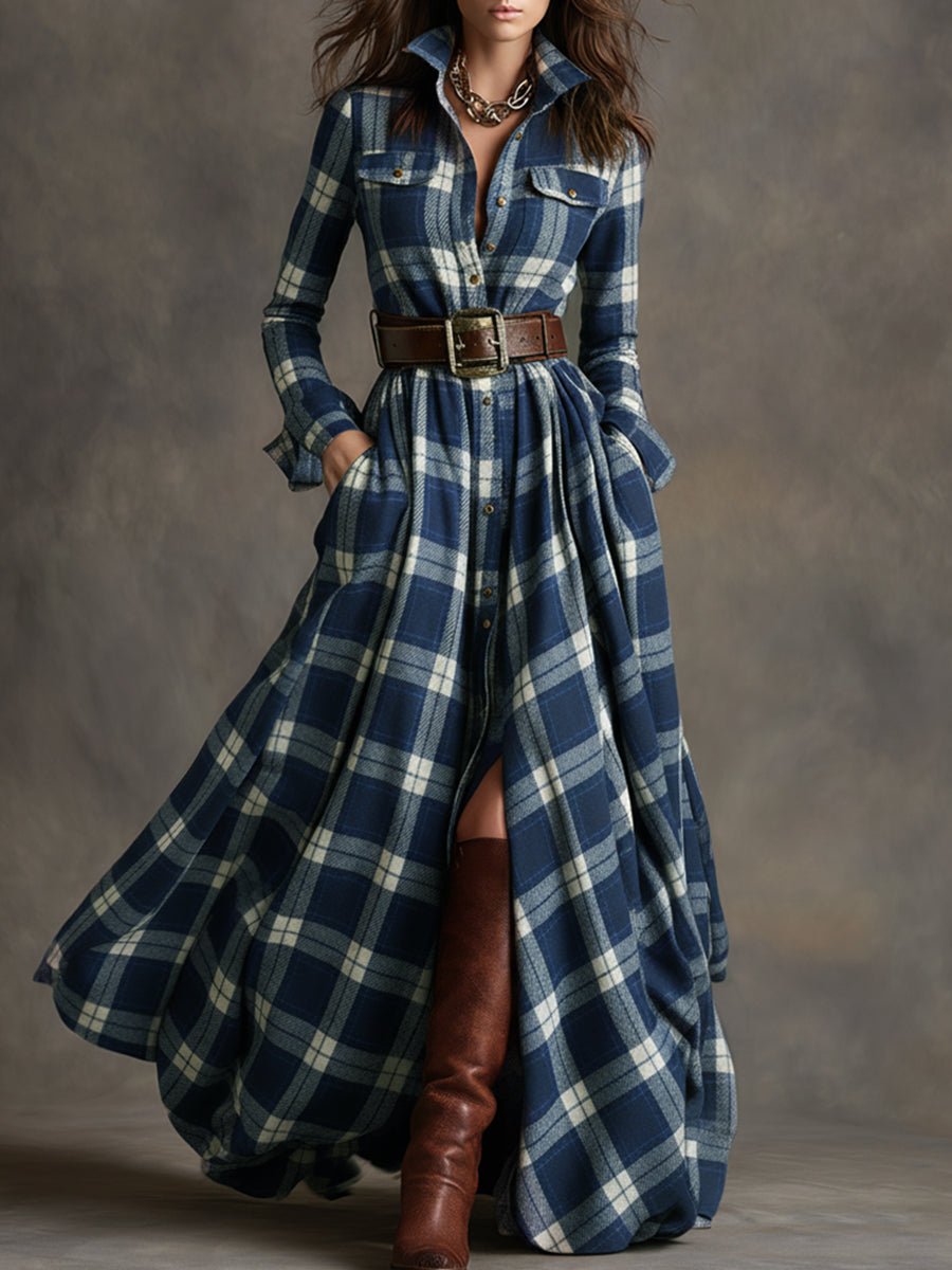 Women's Long Sleeve Plaid Maxi Shirt Dress - Blue