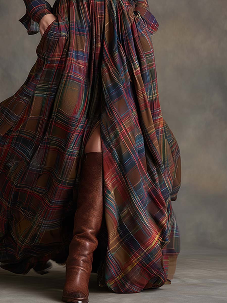 Women's Long Sleeve Plaid Maxi Shirt Dress