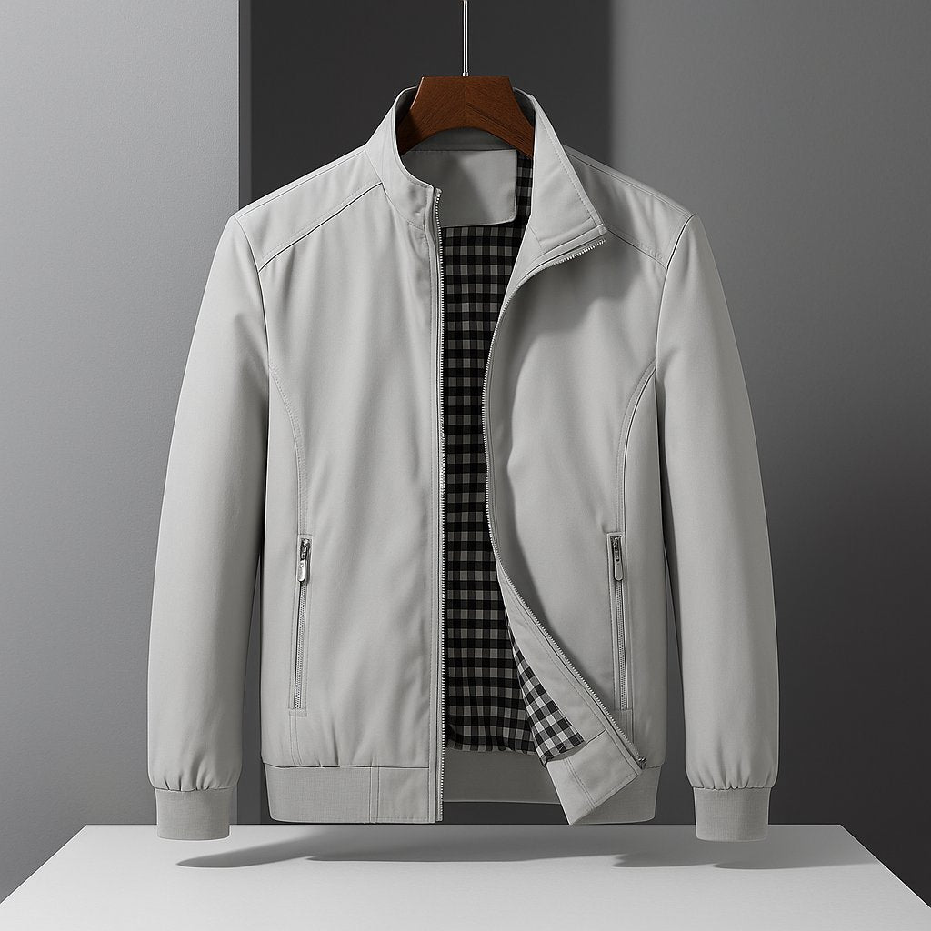 Men's Faux Leather Bomber Jacket - Light Gray