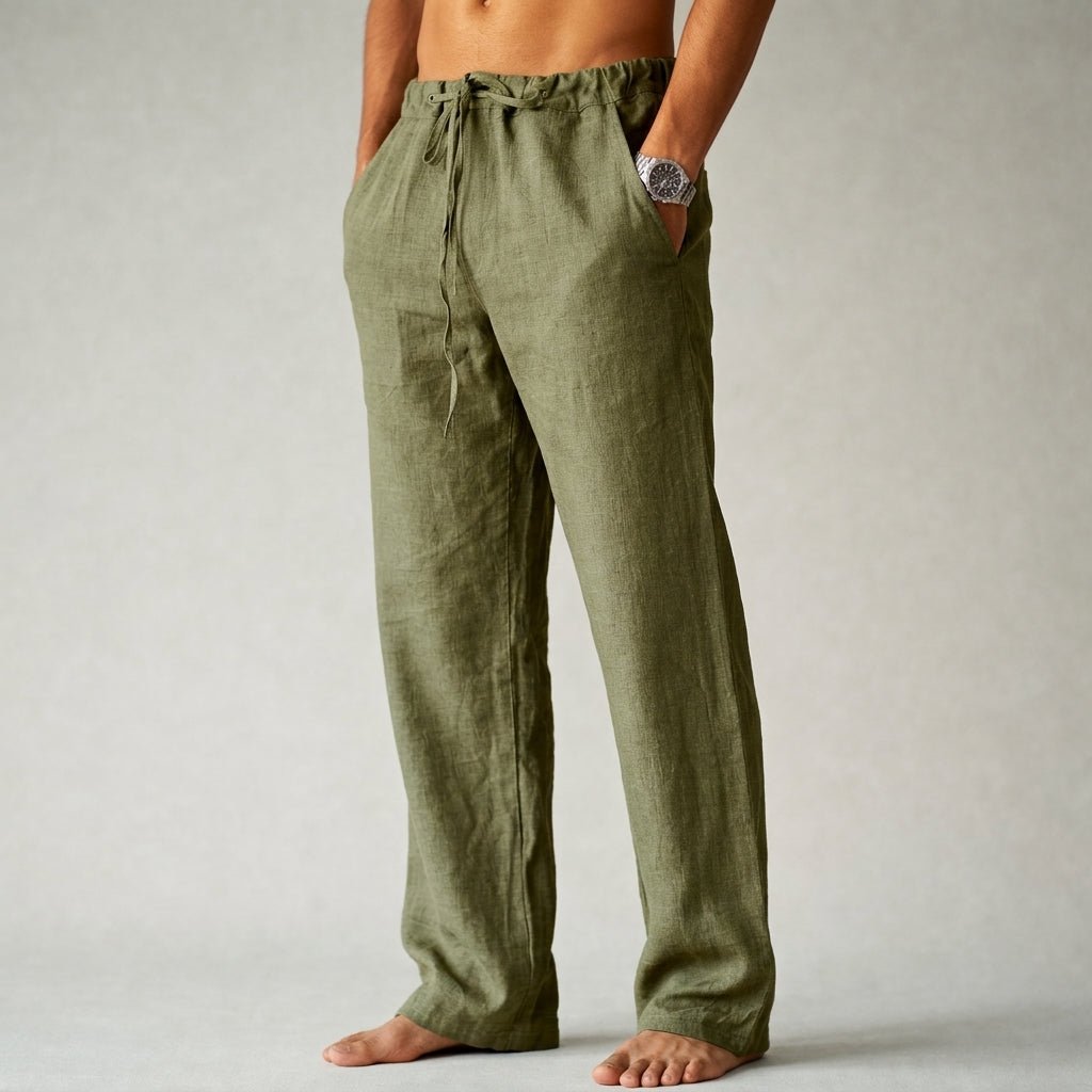 Men's Linen Drawstring Trousers - Green
