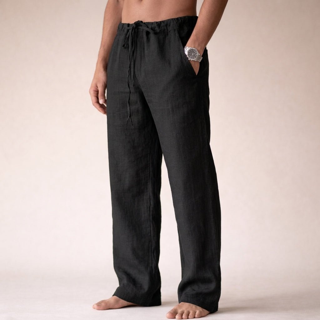 Men's Linen Drawstring Trousers - Black