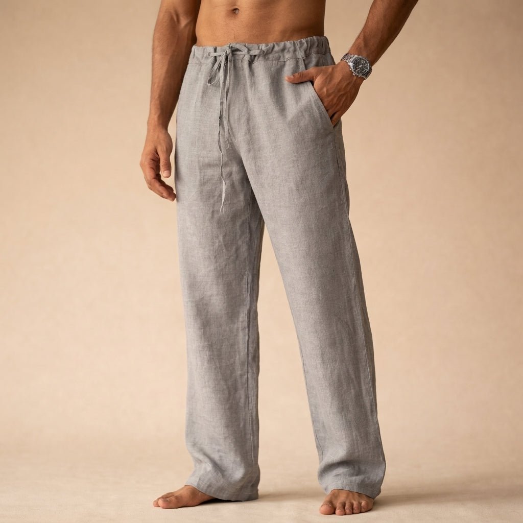 Men's Linen Drawstring Trousers - Gray