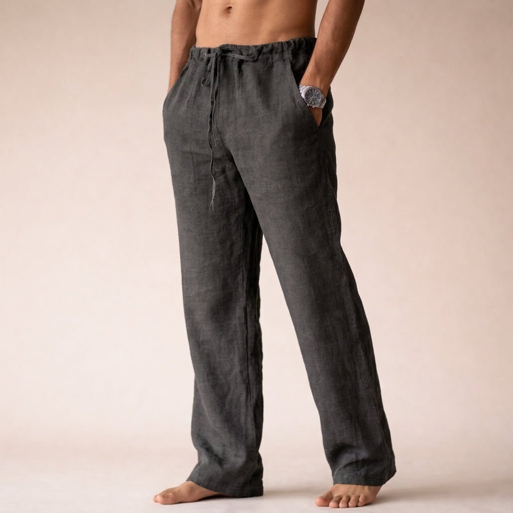 Men's Linen Drawstring Trousers - Dark Gray
