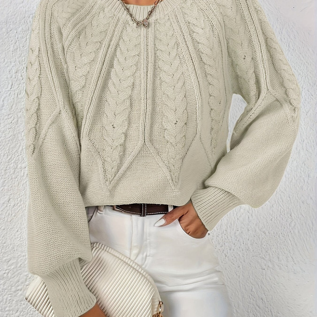 Women's Cropped Cable Knit Jumper - Beige