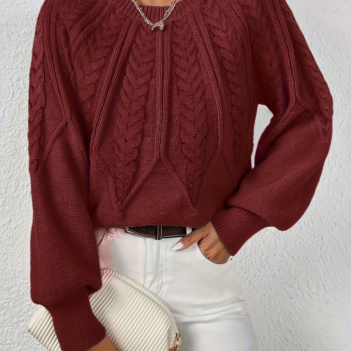 Women's Cropped Cable Knit Jumper - Burgundy