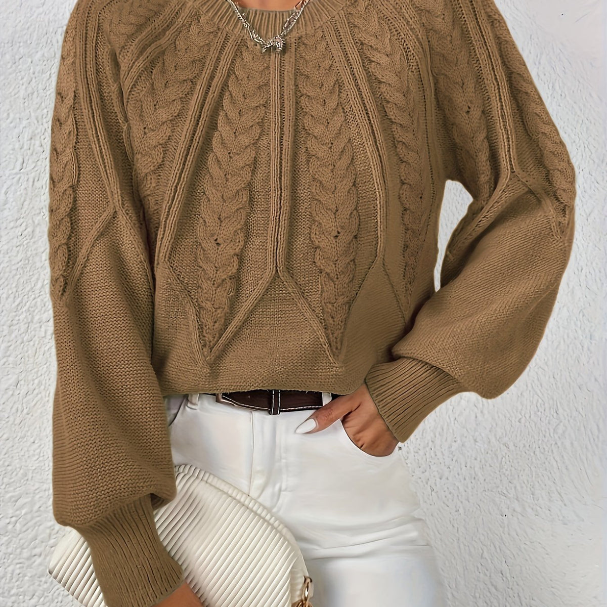 Women's Cropped Cable Knit Jumper - Camel