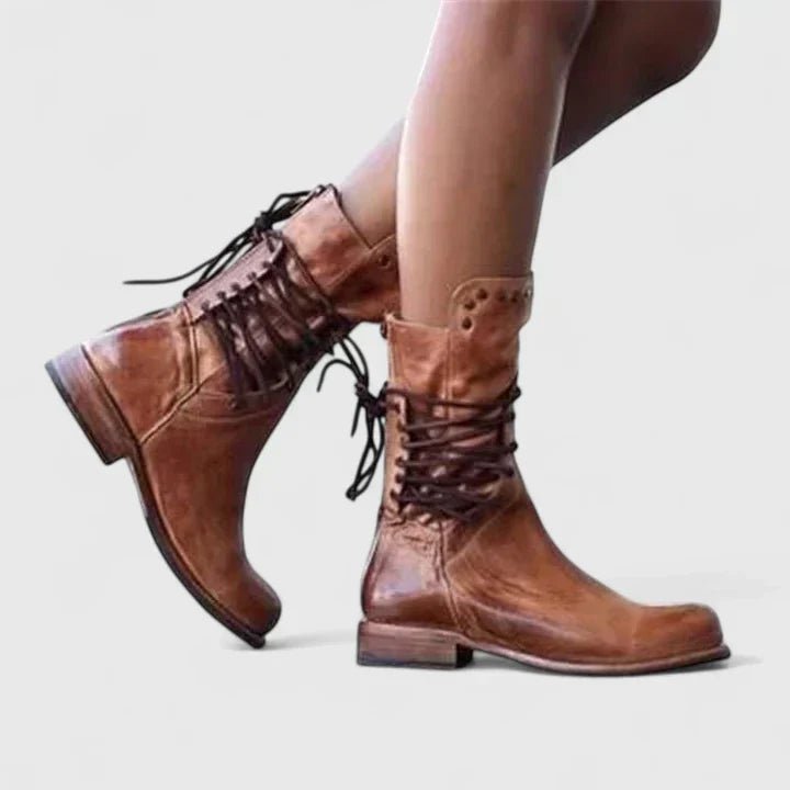 Women's Leather Combat Ankle Boots - Brown